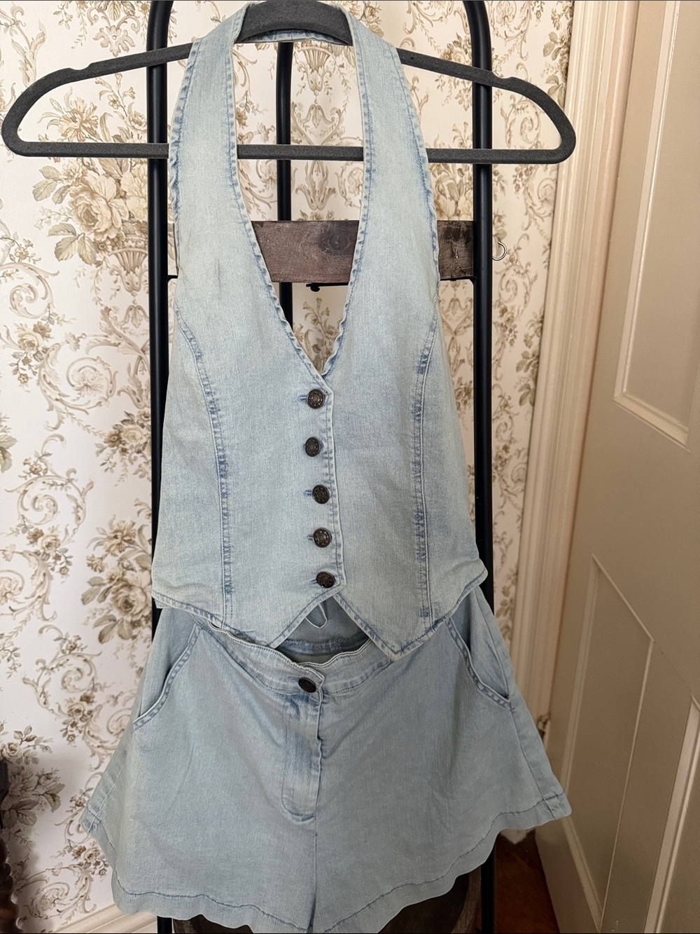 Mustard Seed Light Wash Denim Halter Romper